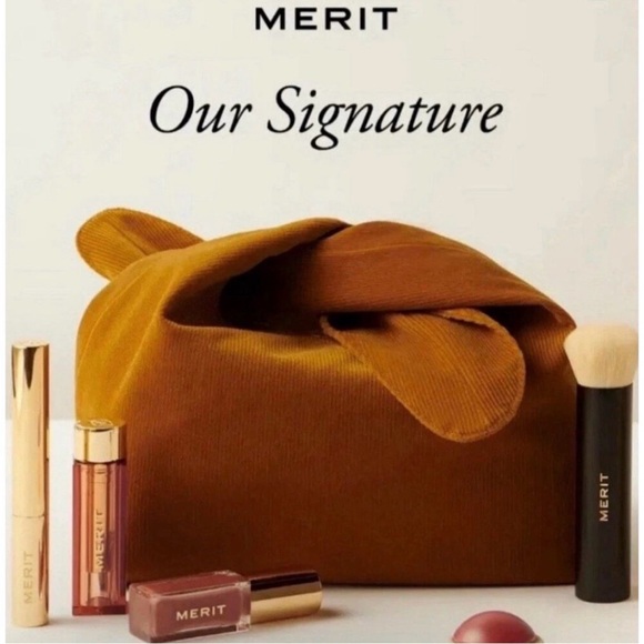 Merit Beauty The Signature Cosmetic Makeup Bag Corduroy Tie Top Pouch Brown - Picture 2 of 7